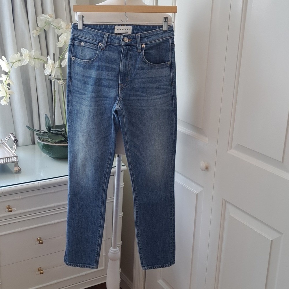 SLVRLAKE Womens Luxury Lou Lou Mid Rise‎ Slim Leg Light Wash Stretch Jeans S-26